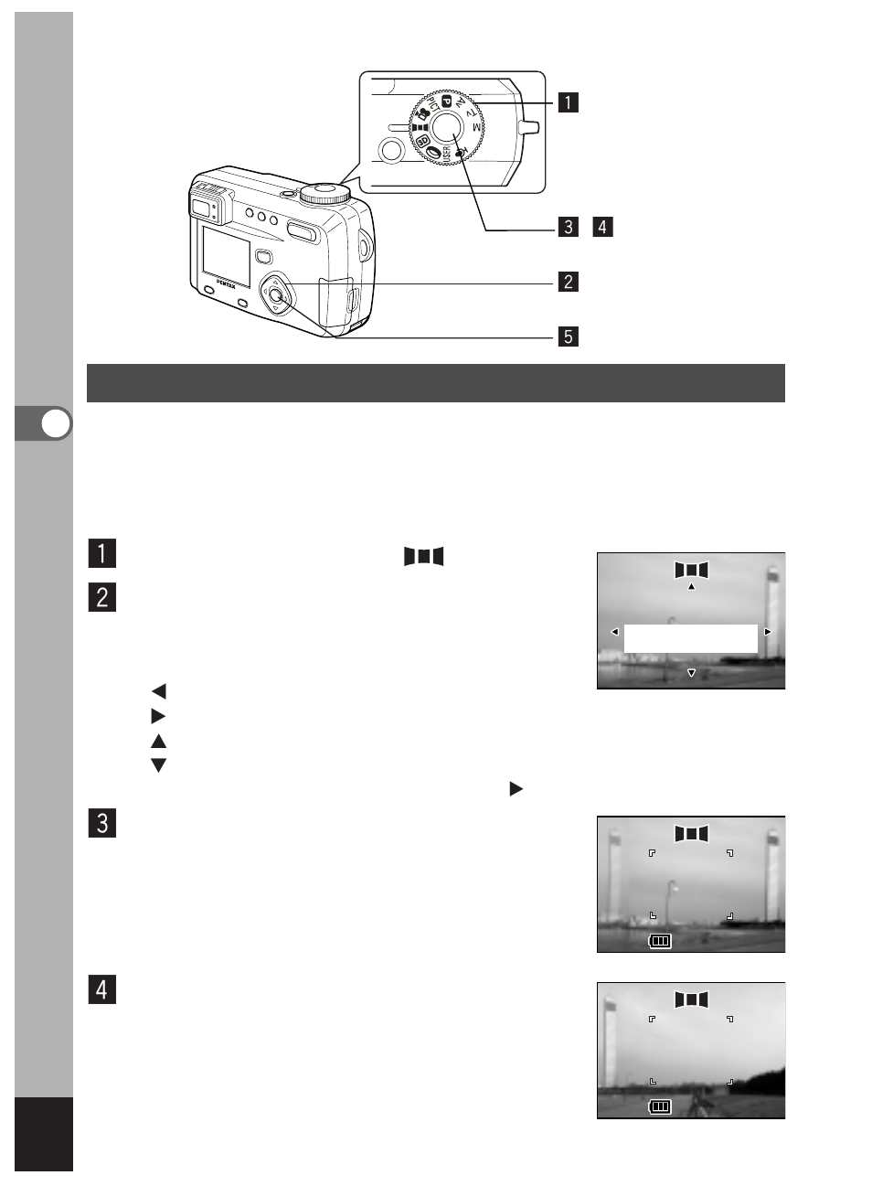 Taking panorama pictures (panorama assist mode), Set the mode dial to, Take the first picture | Pentax Optio 450 User Manual | Page 64 / 156