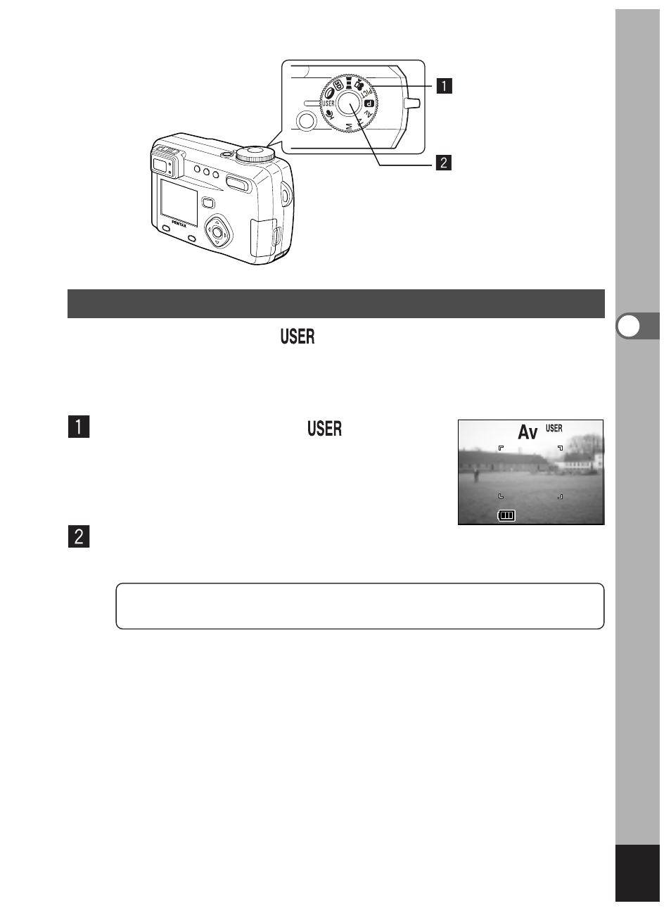 Using preset function settings (user mode), Set the mode dial to, Press the shutter release button | Pentax Optio 450 User Manual | Page 73 / 156