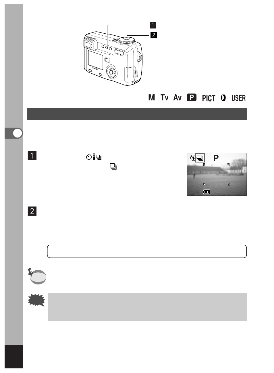 Continuous shooting, Press the shutter release button | Pentax Optio 450 User Manual | Page 80 / 156