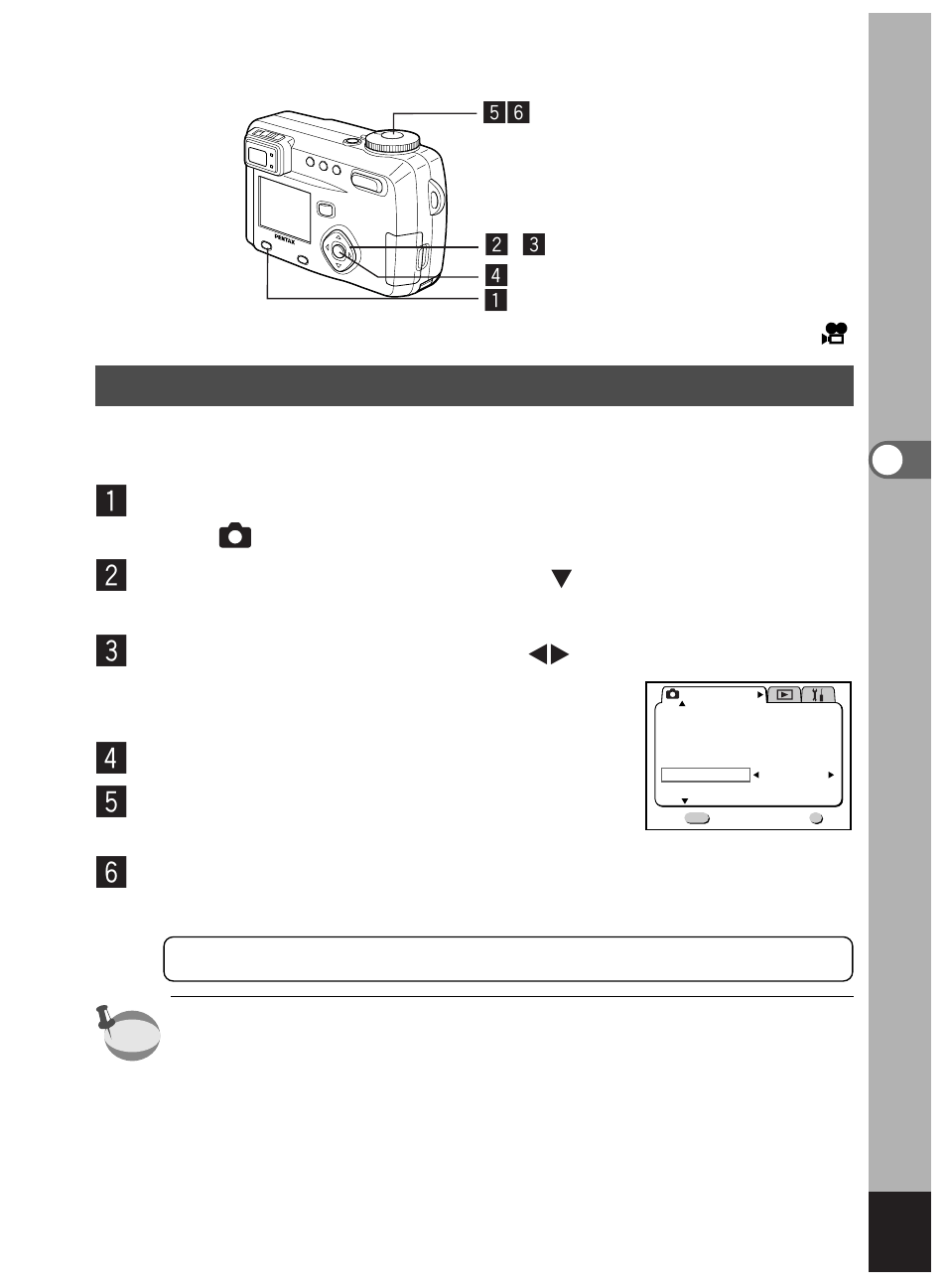 Press the menu/fn button in capture mode, Press the ok button, Press the shutter release button | Pentax Optio 450 User Manual | Page 81 / 156