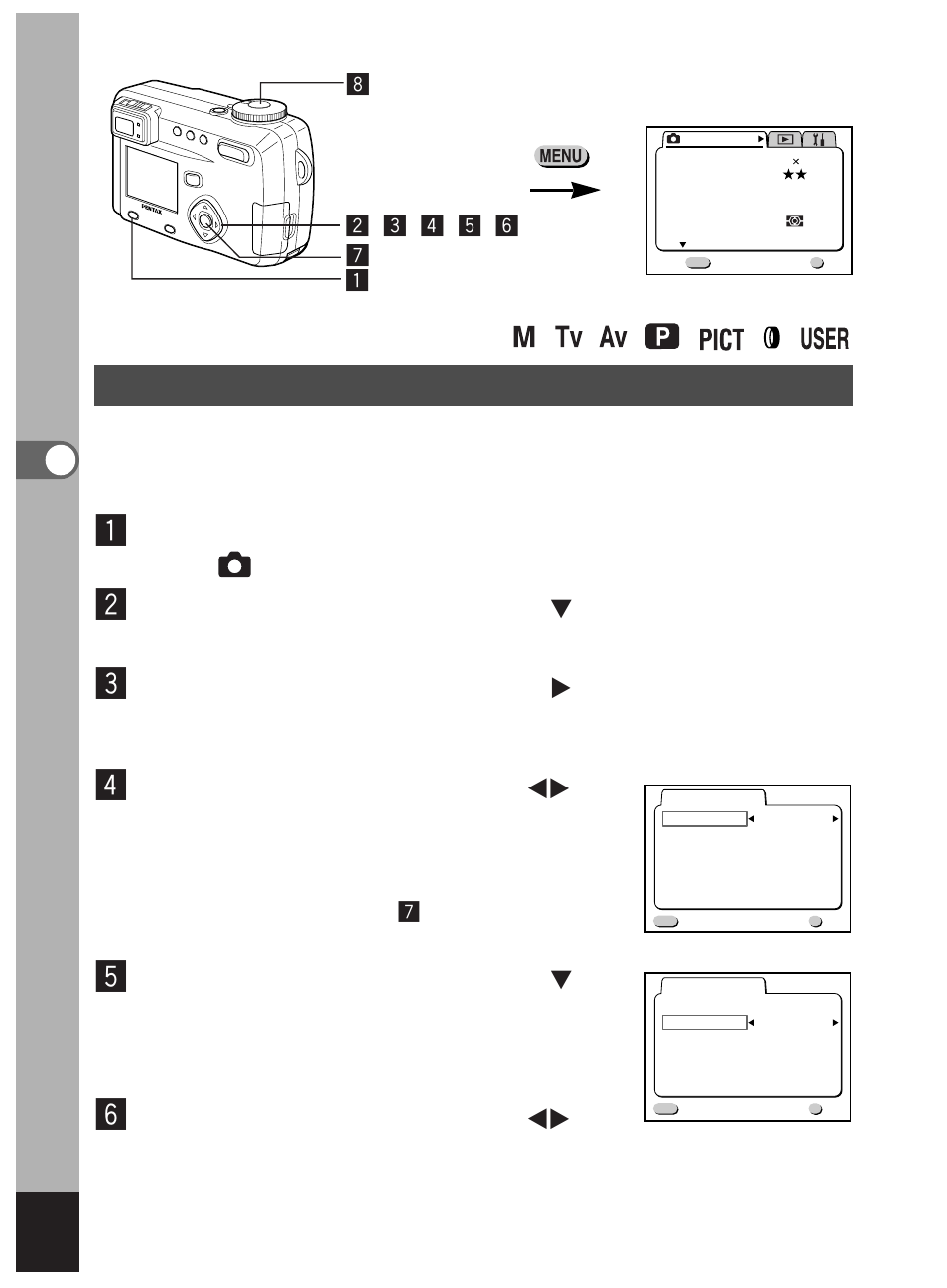 Press the menu/fn button in capture mode, Press the four-way controller ( ̈ ) | Pentax Optio 450 User Manual | Page 86 / 156