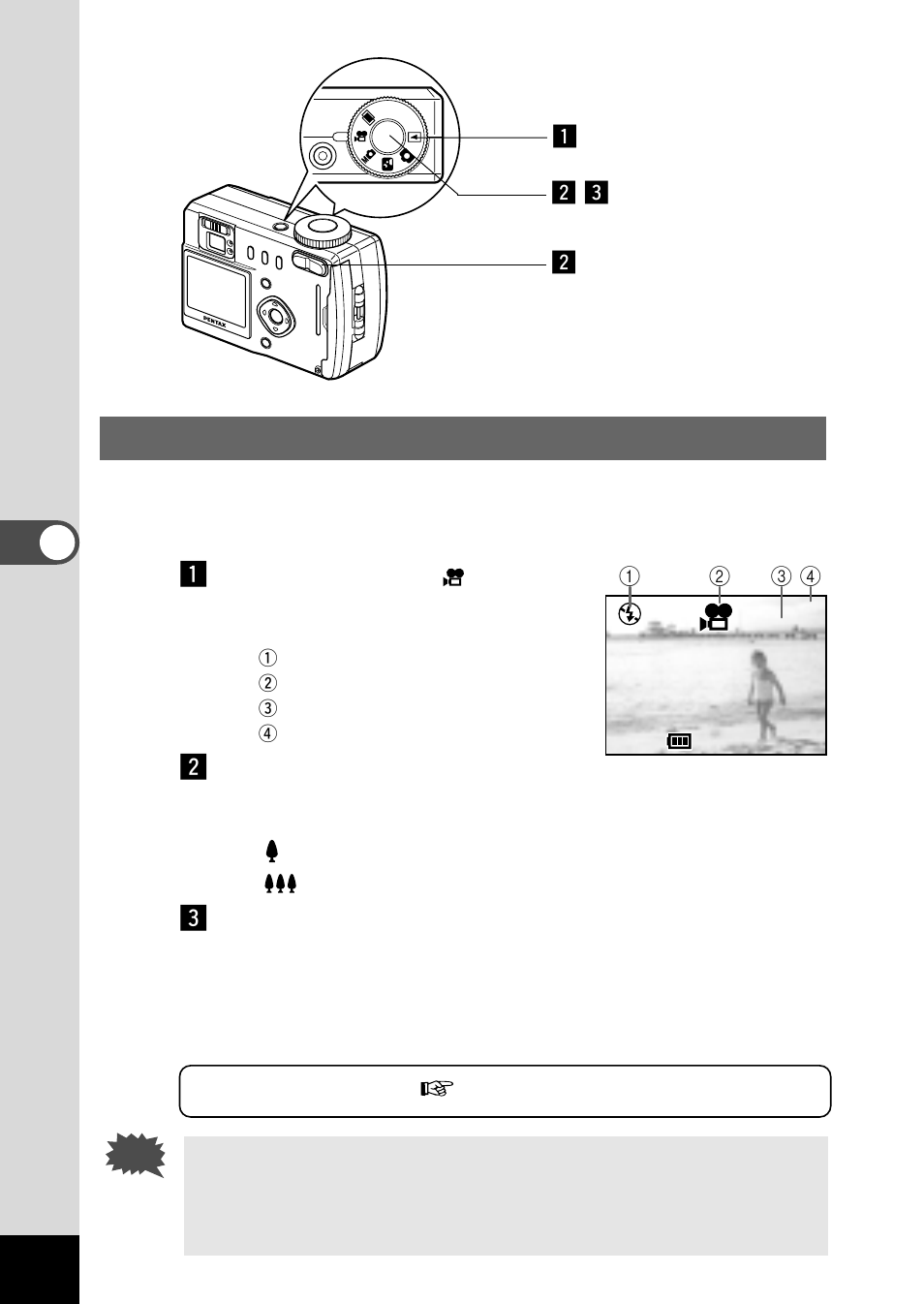 Taking movie pictures (movie picture mode), X c x z | Pentax Optio 330 User Manual | Page 40 / 96