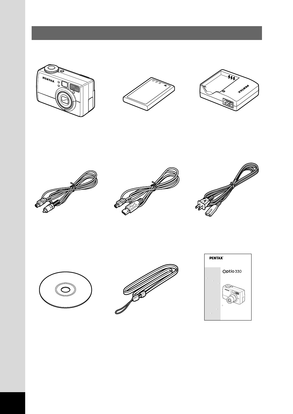 Checking the contents of the package | Pentax Optio 330 User Manual | Page 8 / 96