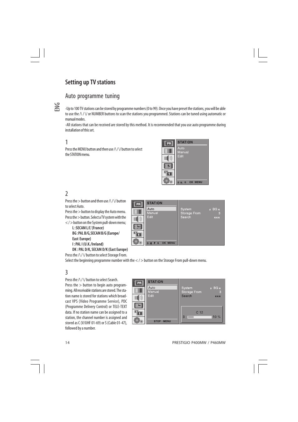 Eng setting up tv stations auto programme tuning | PRESTIGIO P460MW User Manual | Page 14 / 44