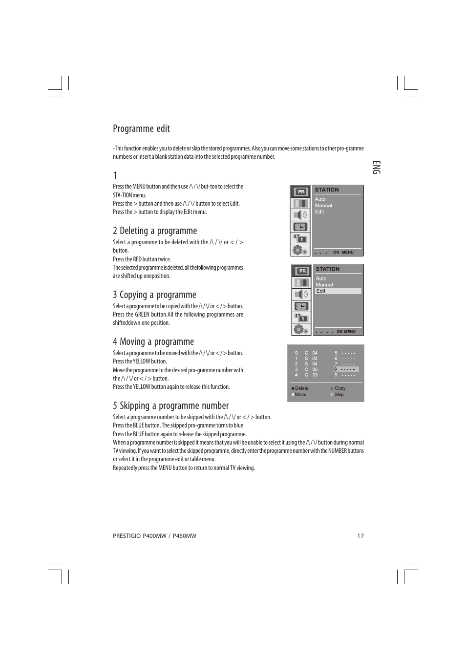 Eng programme edit, 2 deleting a programme, 3 copying a programme | 4 moving a programme, 5 skipping a programme number | PRESTIGIO P460MW User Manual | Page 17 / 44