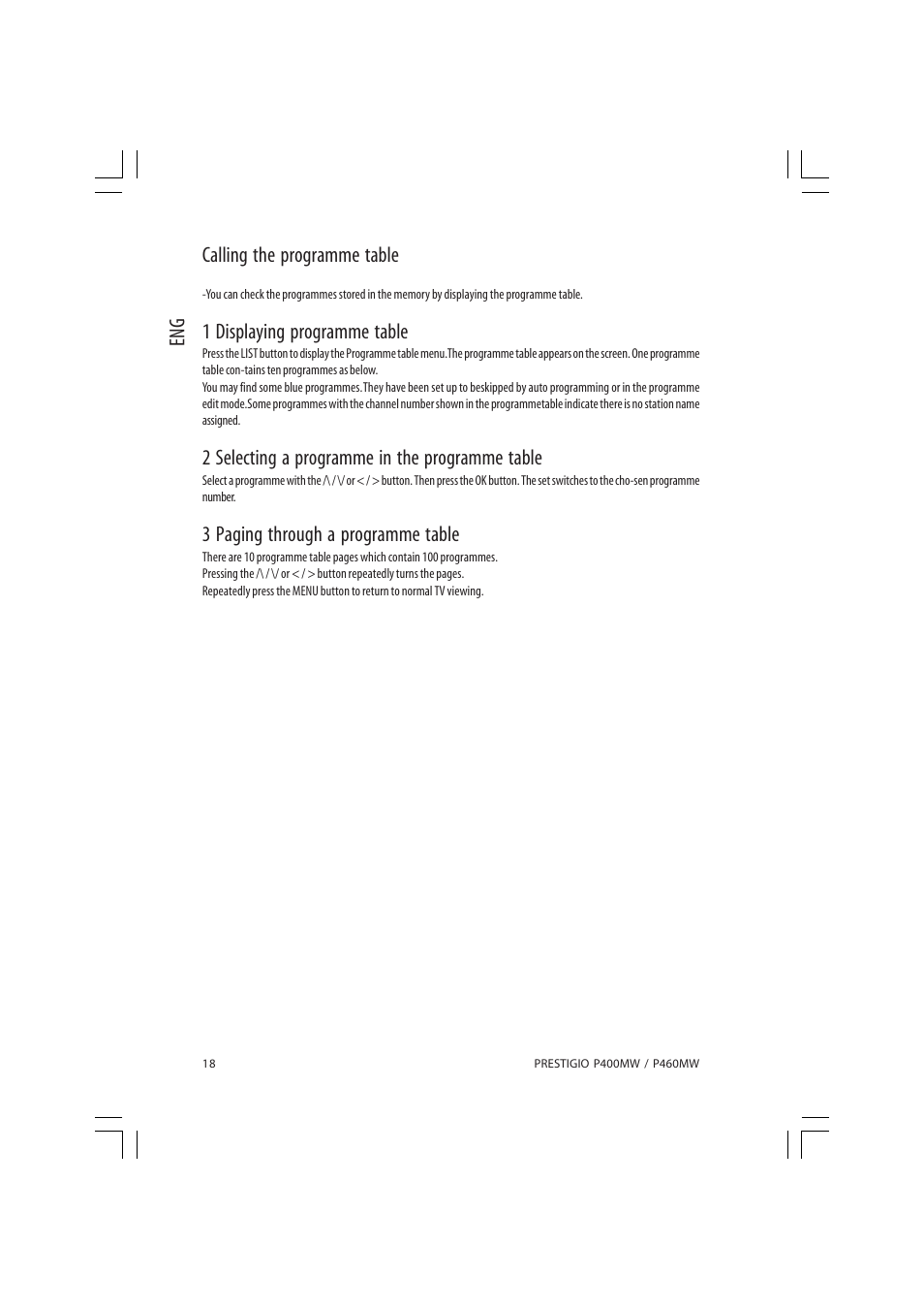 Eng calling the programme table, 1 displaying programme table, 2 selecting a programme in the programme table | 3 paging through a programme table | PRESTIGIO P460MW User Manual | Page 18 / 44