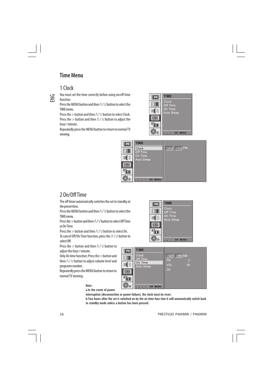 Eng time menu 1 clock, 2 on/off time | PRESTIGIO P460MW User Manual | Page 26 / 44