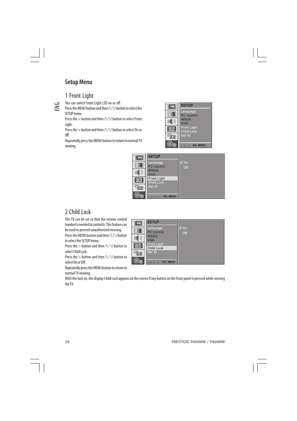 Eng setup menu 1 front light, 2 child lock | PRESTIGIO P460MW User Manual | Page 28 / 44