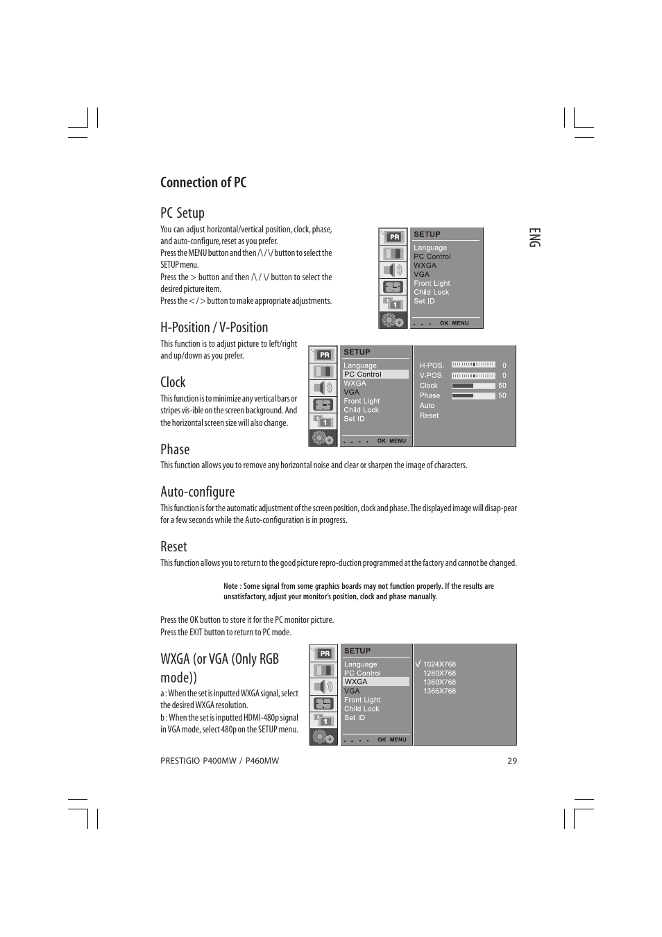 Eng connection of pc pc setup, H-position / v-position, Clock | Phase, Auto-configure, Reset, Wxga (or vga (only rgb mode)) | PRESTIGIO P460MW User Manual | Page 29 / 44