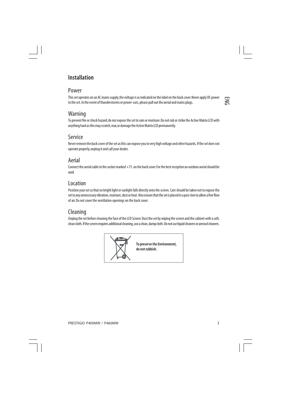 Eng installation power, Warning, Service | Aerial, Location, Cleaning | PRESTIGIO P460MW User Manual | Page 3 / 44