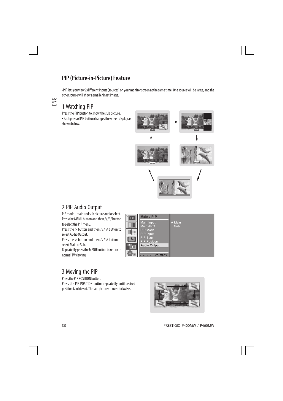 Eng pip (picture-in-picture) feature, 1 watching pip, 2 pip audio output | 3 moving the pip | PRESTIGIO P460MW User Manual | Page 30 / 44