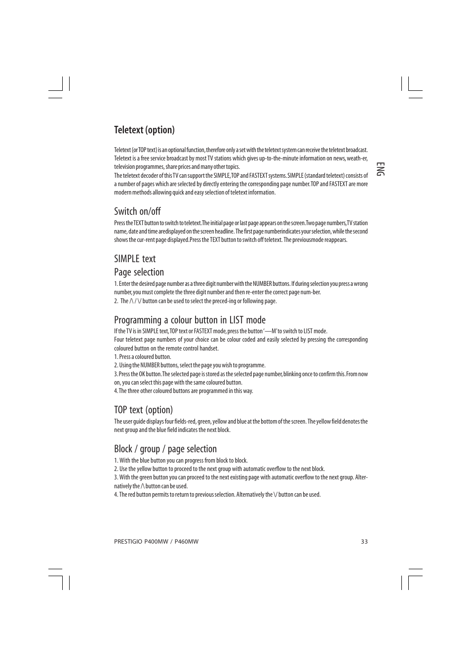 Eng teletext (option), Switch on/off, Simple text page selection | Programming a colour button in list mode, Top text (option), Block / group / page selection | PRESTIGIO P460MW User Manual | Page 33 / 44