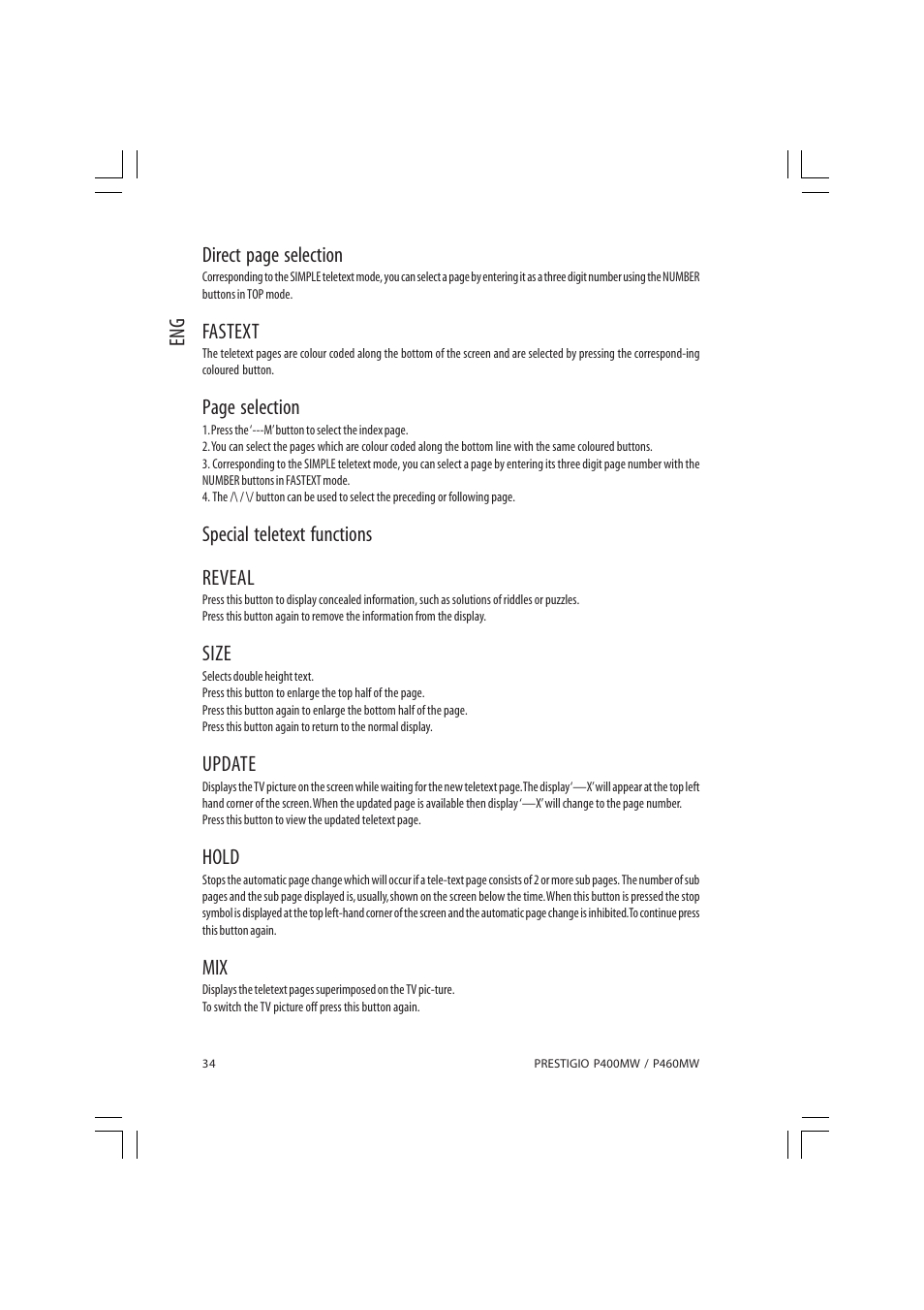 Eng direct page selection, Fastext, Page selection | Special teletext functions reveal, Size, Update, Hold | PRESTIGIO P460MW User Manual | Page 34 / 44
