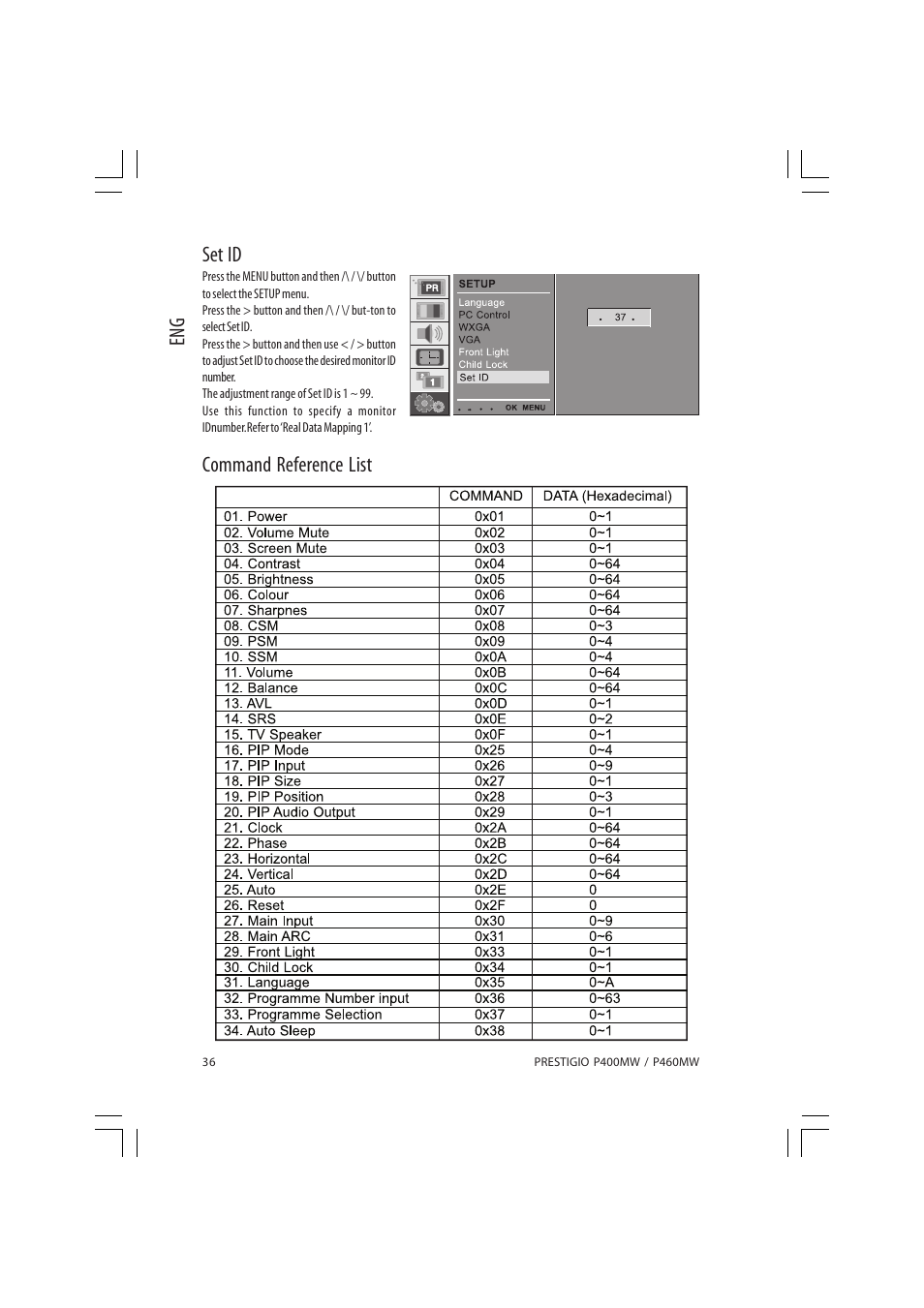 Eng set id, Command reference list | PRESTIGIO P460MW User Manual | Page 36 / 44