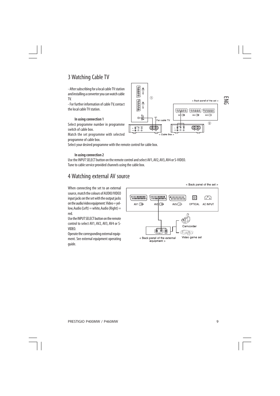 Eng 3 watching cable tv, 4 watching external av source | PRESTIGIO P460MW User Manual | Page 9 / 44