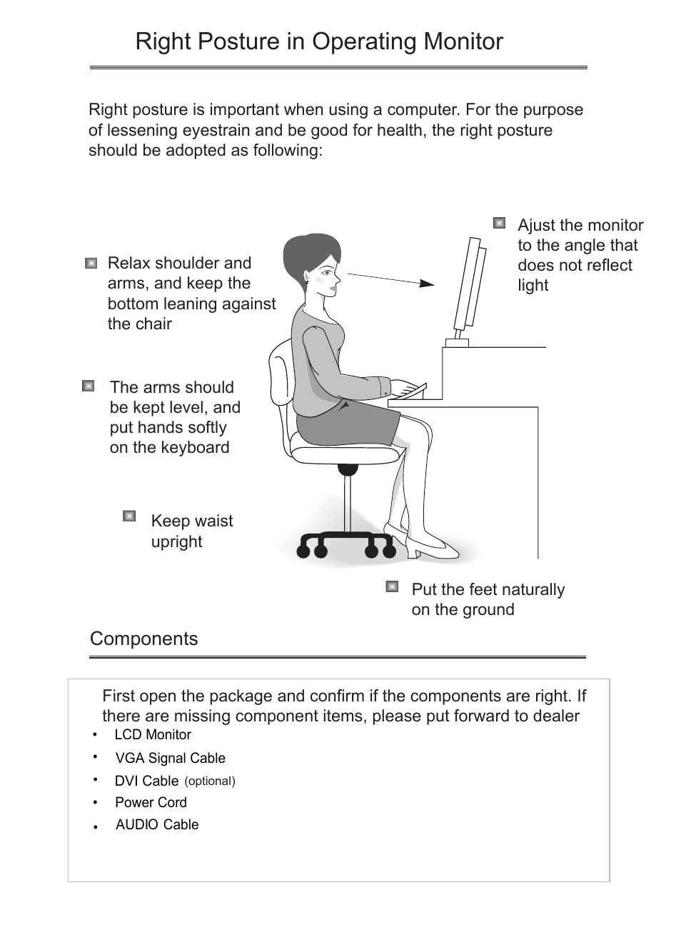 Right posture in operating monitor, Components | PRESTIGIO P7240W User Manual | Page 2 / 14