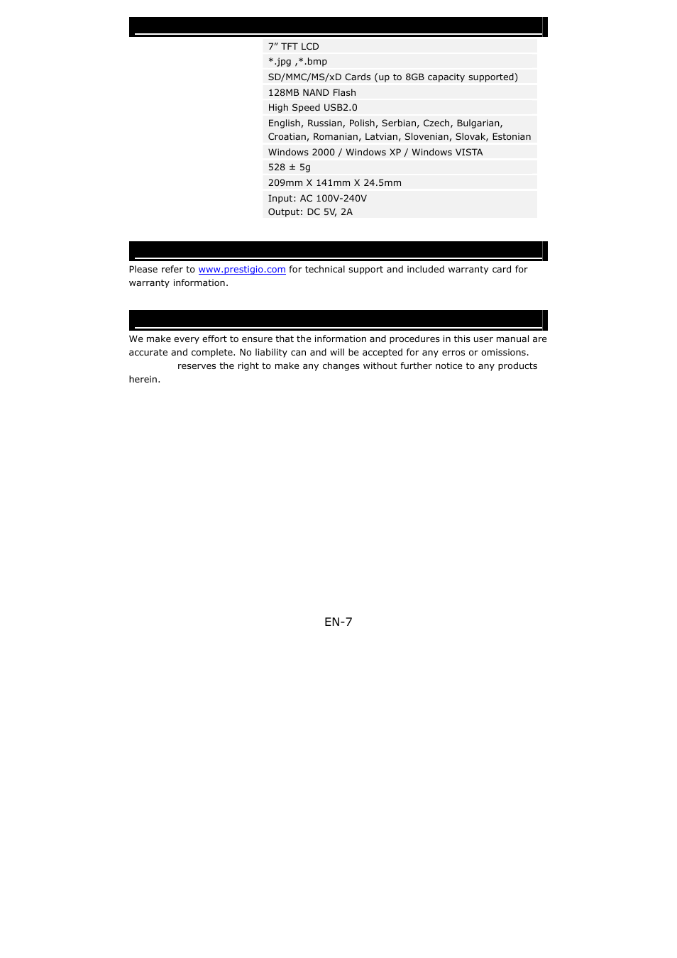 Technical specifications, Technical support and warranty information, Disclaimer | PRESTIGIO 107 User Manual | Page 7 / 7