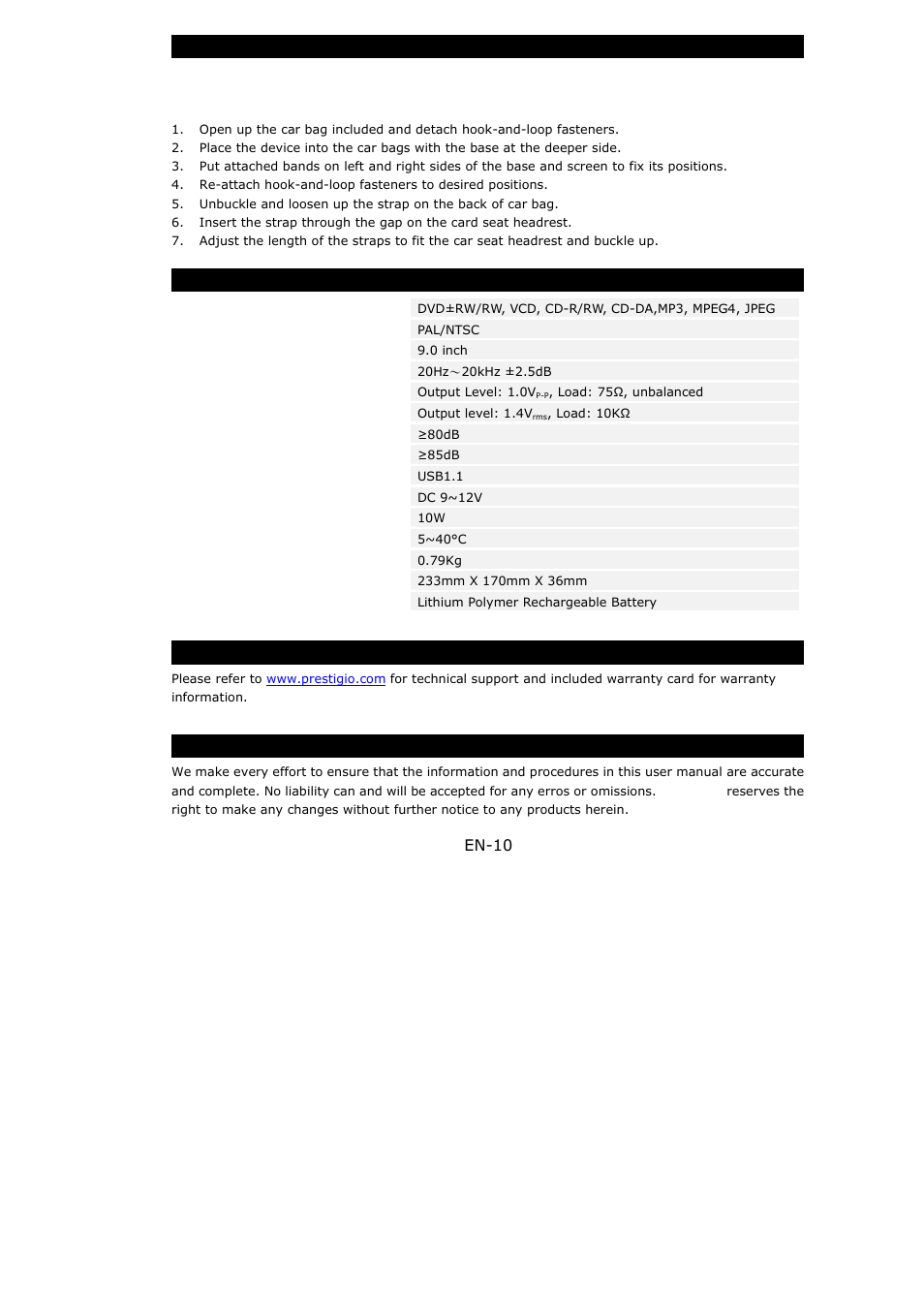 En-10 using car bag, Product specifications, Technical support and warranty information | Disclaimer | PRESTIGIO 590 User Manual | Page 10 / 10