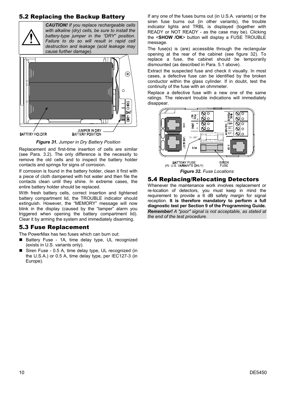 2 replacing the backup battery, 3 fuse replacement, 4 replacing/relocating detectors | PowerMax DE5450 User Manual | Page 10 / 16
