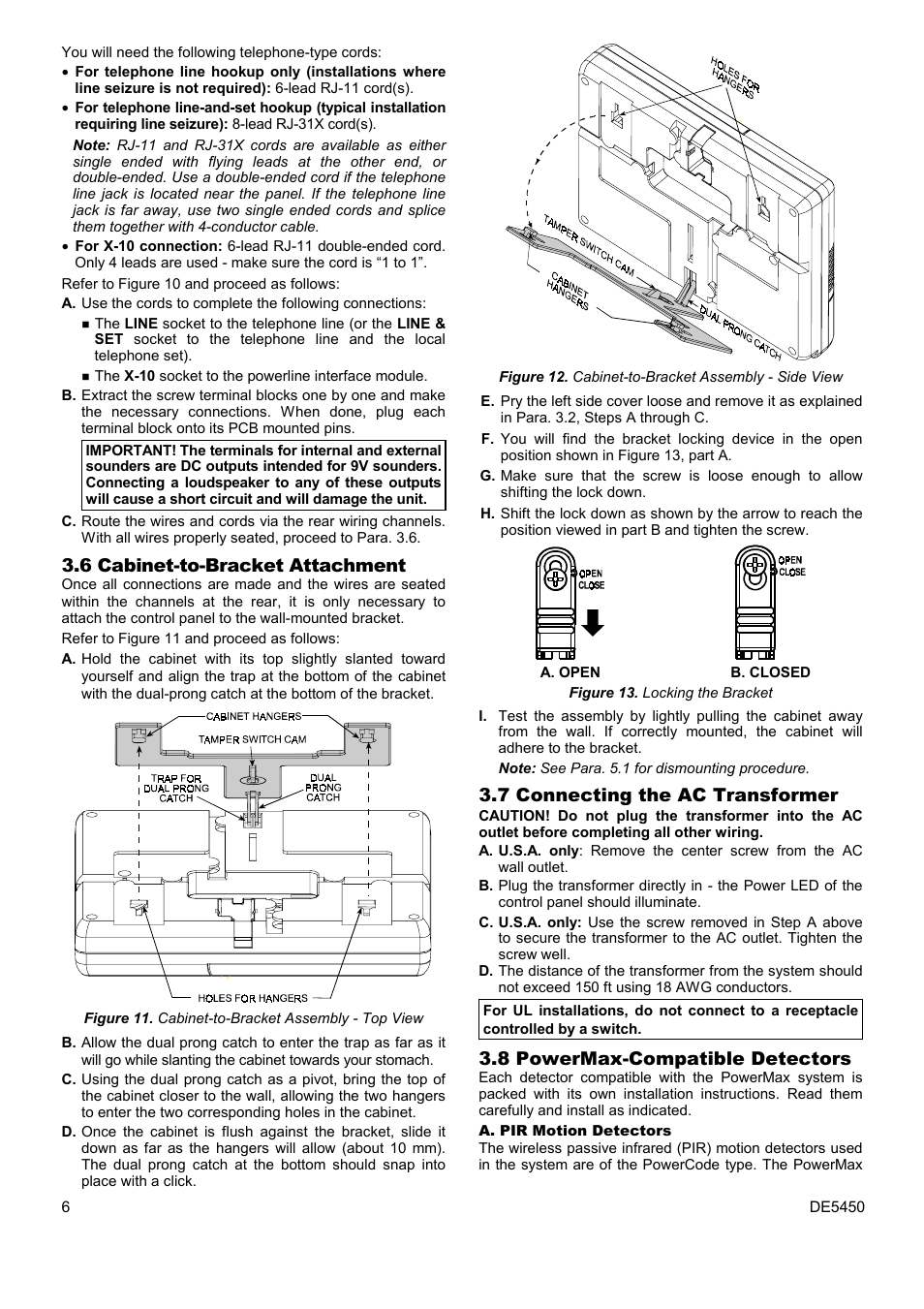 6 cabinet-to-bracket attachment, 7 connecting the ac transformer, 8 powermax-compatible detectors | PowerMax DE5450 User Manual | Page 6 / 16