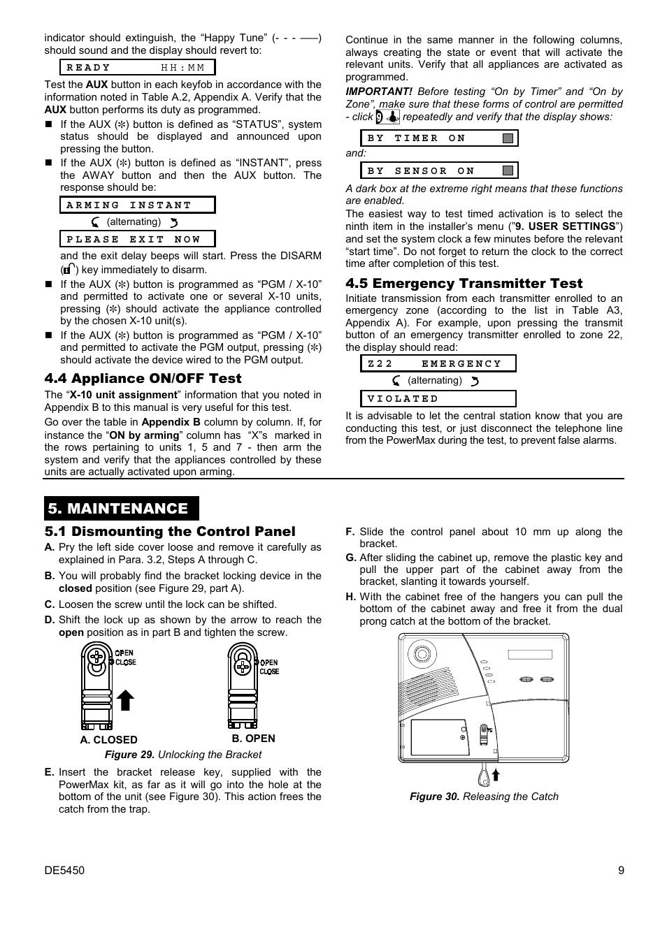 Maintenance, 4 appliance on/off test, 5 emergency transmitter test | 1 dismounting the control panel | PowerMax DE5450 User Manual | Page 9 / 16