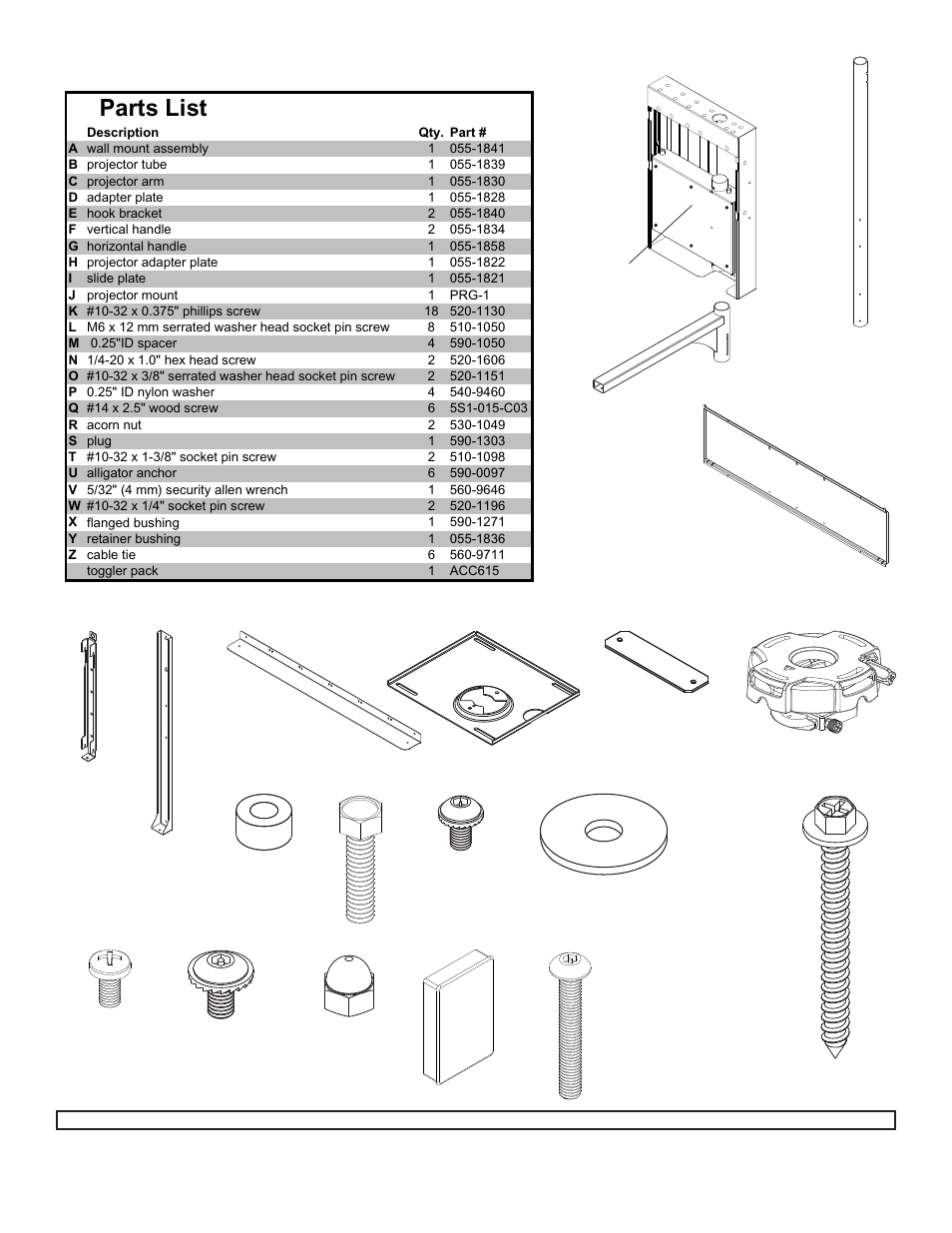 Rs t, Parts list | Peerless Industries A100IWBMOUNT User Manual | Page 3 / 16