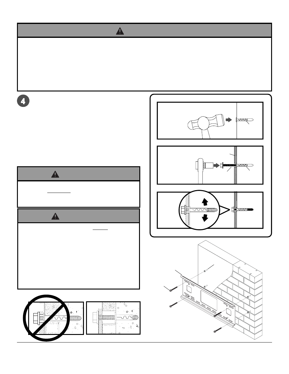 Warning, Dd aa ee dd ee, Installation to solid concrete or cinder block | Peerless Industries OneMount RTONE User Manual | Page 10 / 33