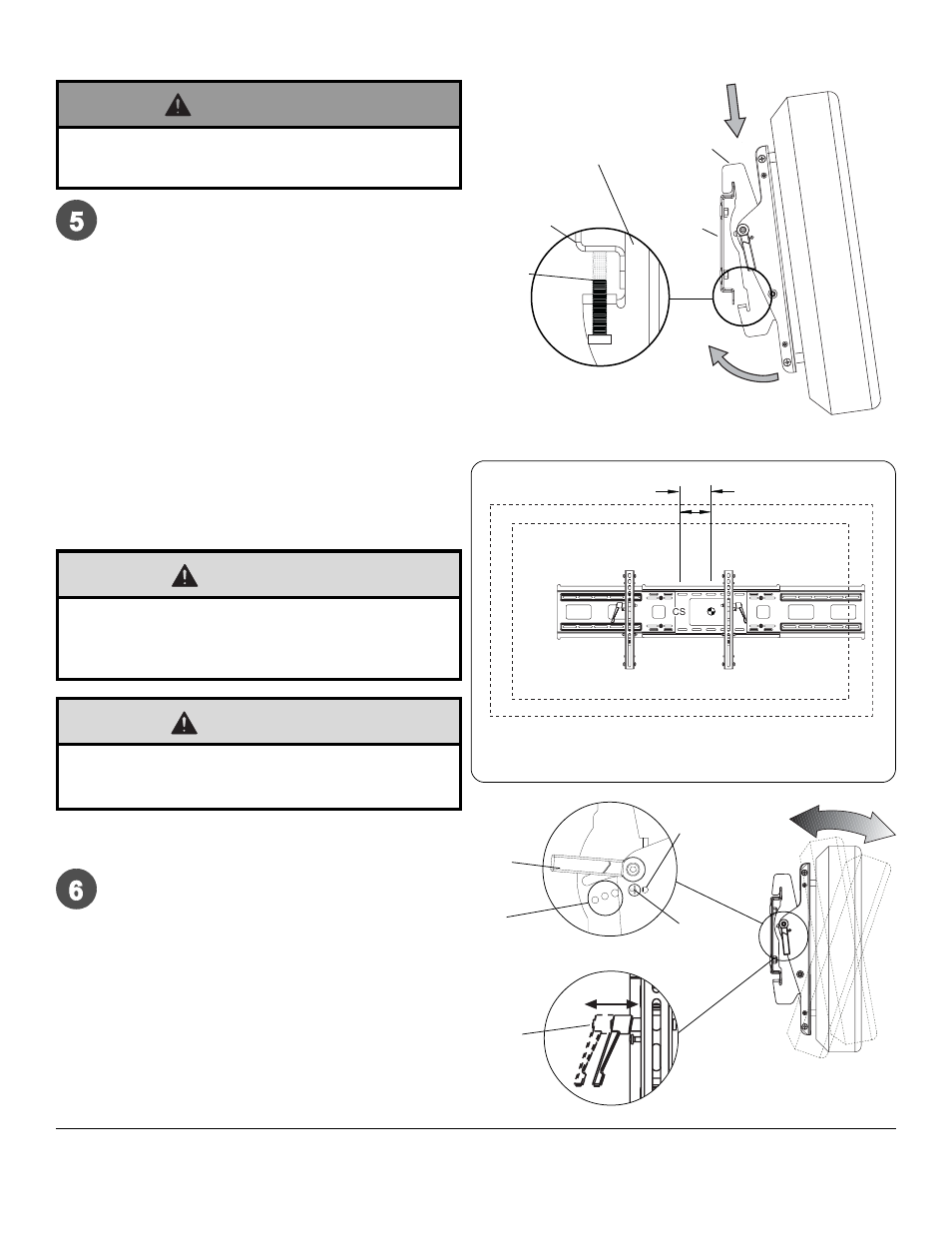 Caution, Warning, Bb and cc aa | Mounting and removing flat panel screen, Adjusting the tilt angle of the flat panel screen, Detail 1, Detail 2 fig 6.1, Fig 5.1 fig 5.2, Detail 3 | Peerless Industries OneMount RTONE User Manual | Page 11 / 33