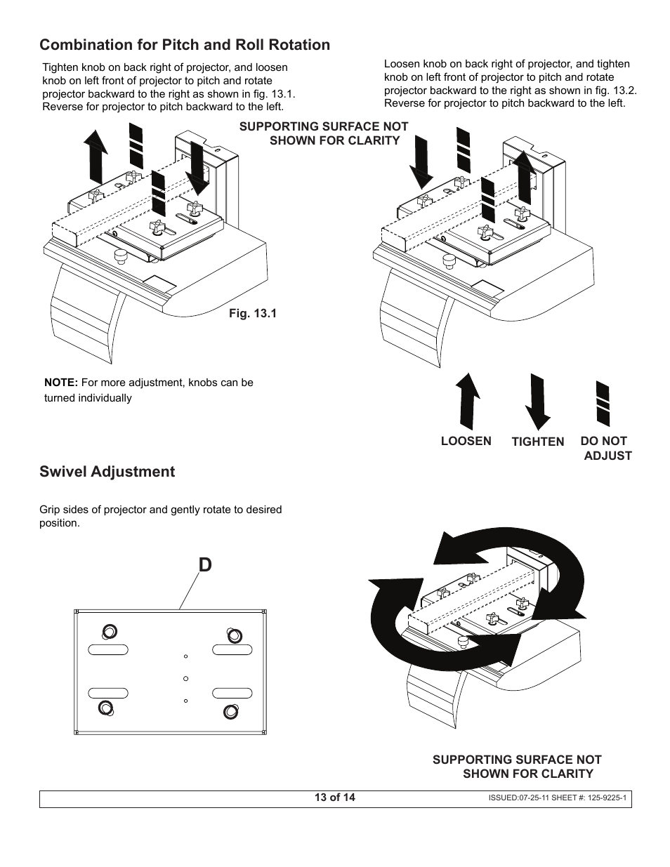 Combination for pitch and roll rotation, Swivel adjustment | Peerless Industries Peerless-Av Dukane Projector Short Throw Wall Arm UST-WallArm3 User Manual | Page 13 / 14