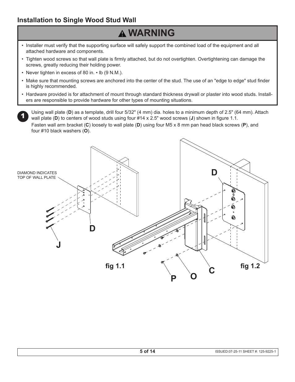 Warning, Po d d j | Peerless Industries Peerless-Av Dukane Projector Short Throw Wall Arm UST-WallArm3 User Manual | Page 5 / 14
