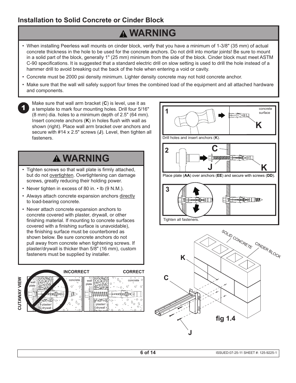 Warning, Ck j, Jk fig 1.4 | Cinstallation to solid concrete or cinder block | Peerless Industries Peerless-Av Dukane Projector Short Throw Wall Arm UST-WallArm3 User Manual | Page 6 / 14