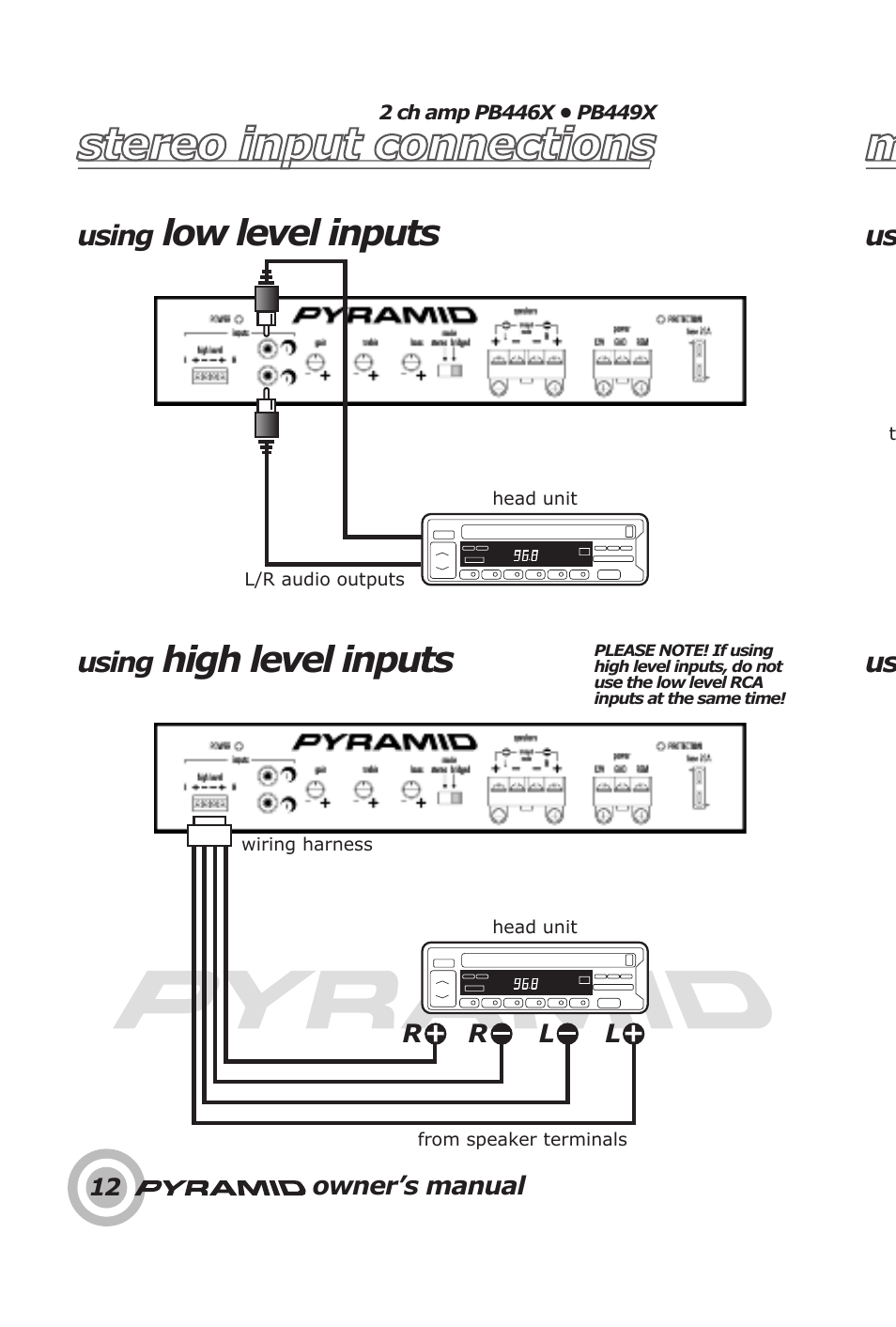 Mono input connections stereo input connections, Low level inputs, High level inputs | Pyramid Technologies PB448X User Manual | Page 14 / 24