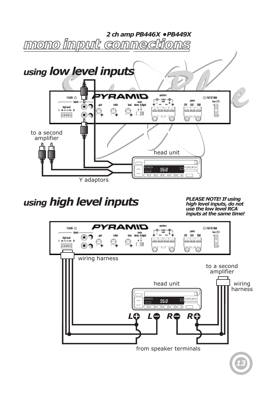 Mono input connections, Stereo input connections, Low level inputs | High level inputs, Using | Pyramid Technologies PB448X User Manual | Page 15 / 24