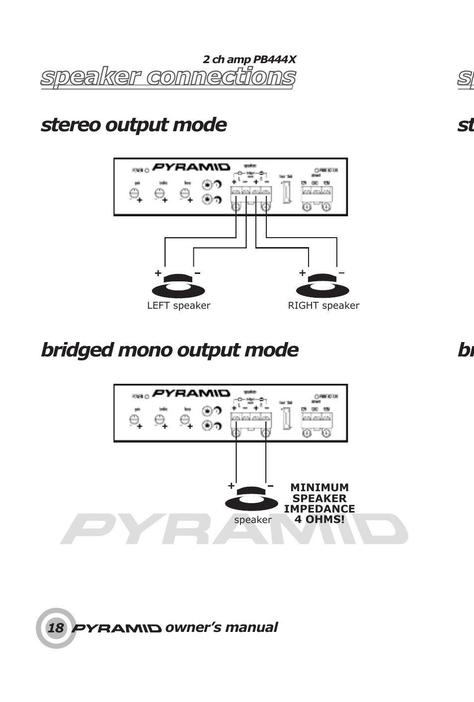 Speaker connections, Stereo output mode bridged mono output mode st br | Pyramid Technologies PB448X User Manual | Page 20 / 24