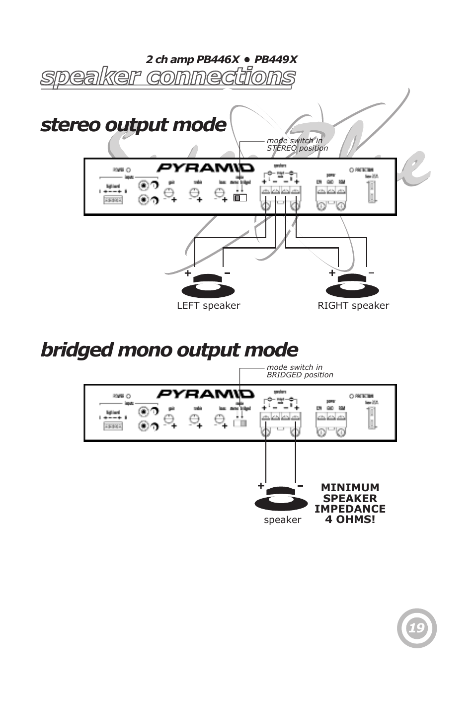 Speaker connections, Stereo output mode bridged mono output mode | Pyramid Technologies PB448X User Manual | Page 21 / 24