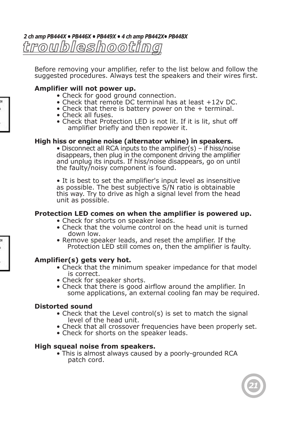 Speaker connections troubleshooting | Pyramid Technologies PB448X User Manual | Page 23 / 24