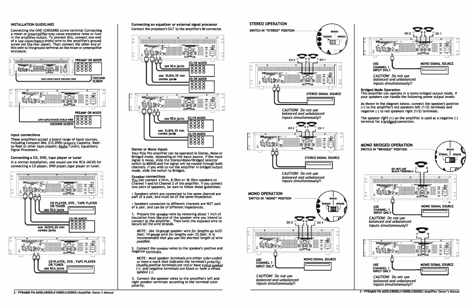Preamp or mixer, Switch in "stereo" position, Stereo signal source | Use channel, Input only, Switch in "bridged" position, Mono signal source use channel | Pyramid Technologies PA-1000DJ User Manual | Page 3 / 4