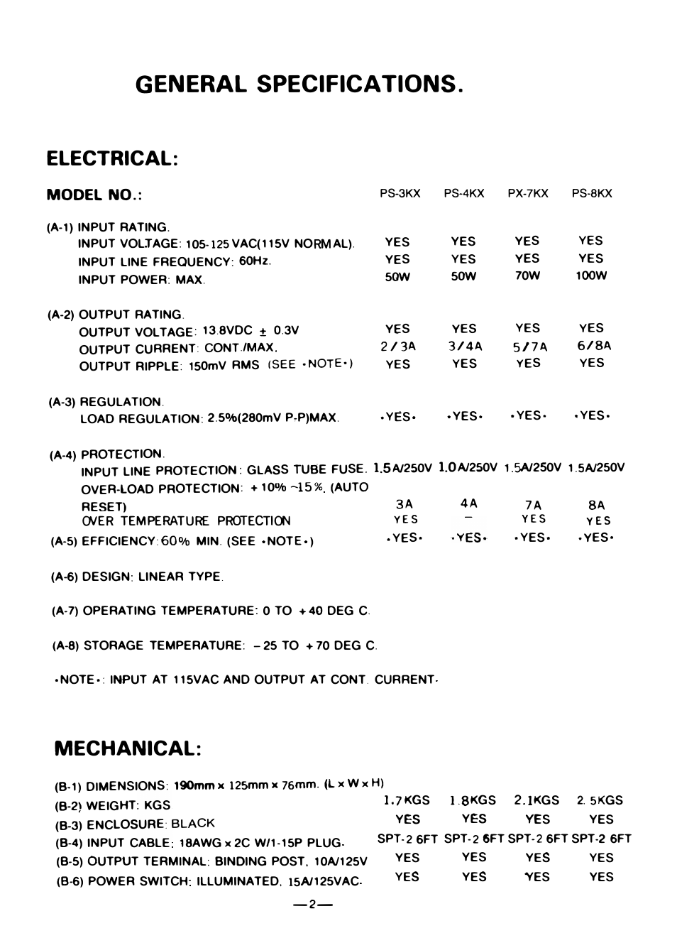 General specifications, Electrical, Mechanical | Pyramid Technologies PX-7KX User Manual | Page 2 / 4