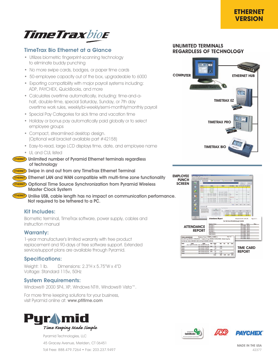 Ethernet version, Timetrax bio ethernet at a glance, Kit includes | Warranty, Specifications, System requirements | Pyramid Technologies TimeTrax Bio Ethernet User Manual | Page 2 / 2