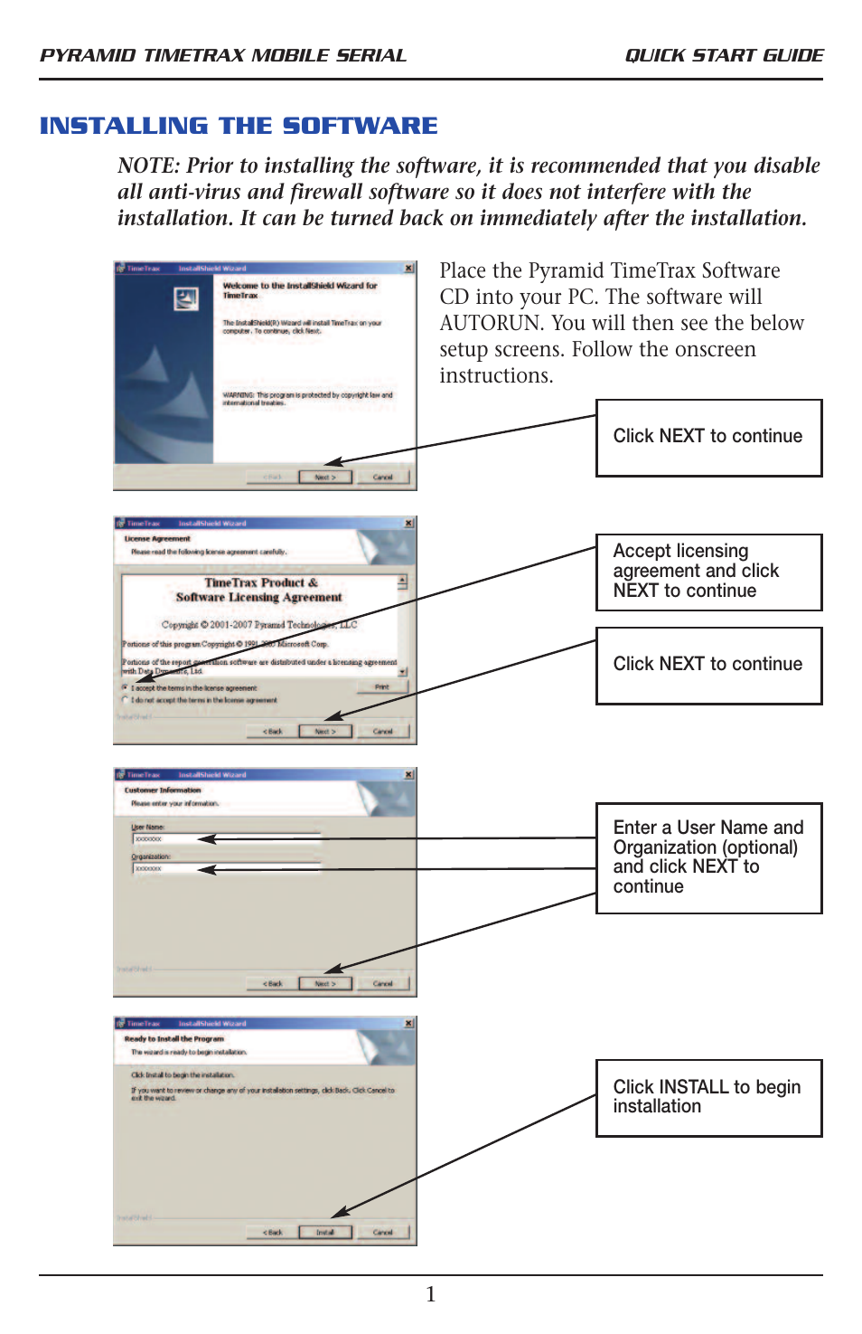 Installing the software | Pyramid Technologies TimeTrax Mobile User Manual | Page 3 / 8