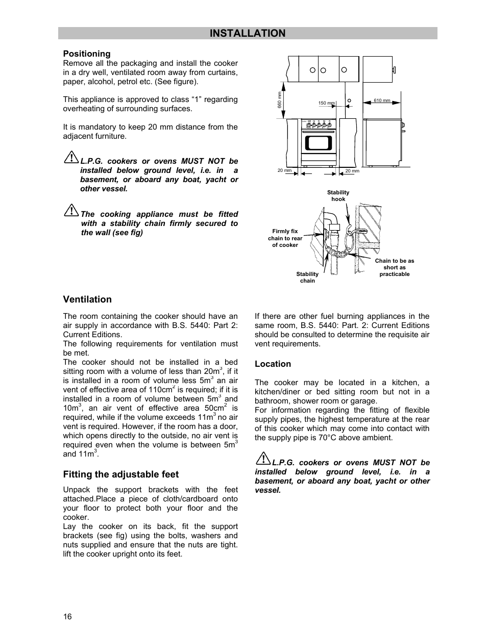 Installation, Ventilation, Fitting the adjustable feet | Positioning, Location | Prolific Tech EFG 502 User Manual | Page 16 / 20