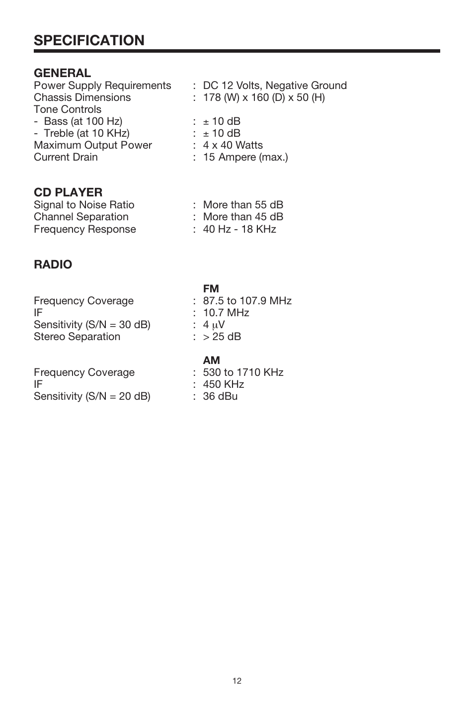 Specification | PYLE Audio Mobile Audio System PLMR18 User Manual | Page 12 / 14