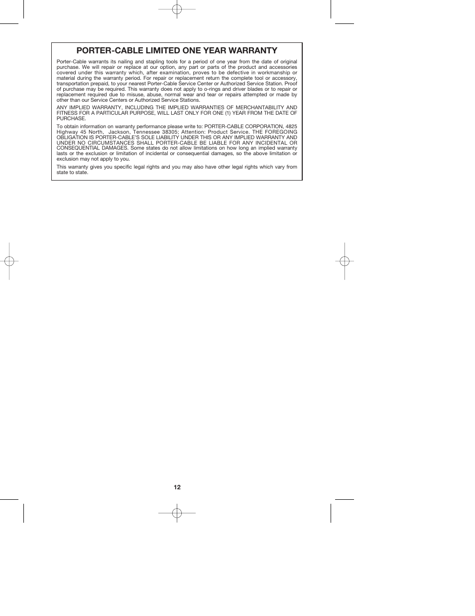 Porter-cable limited one year warranty | PYLE Audio FCN200 User Manual | Page 12 / 13