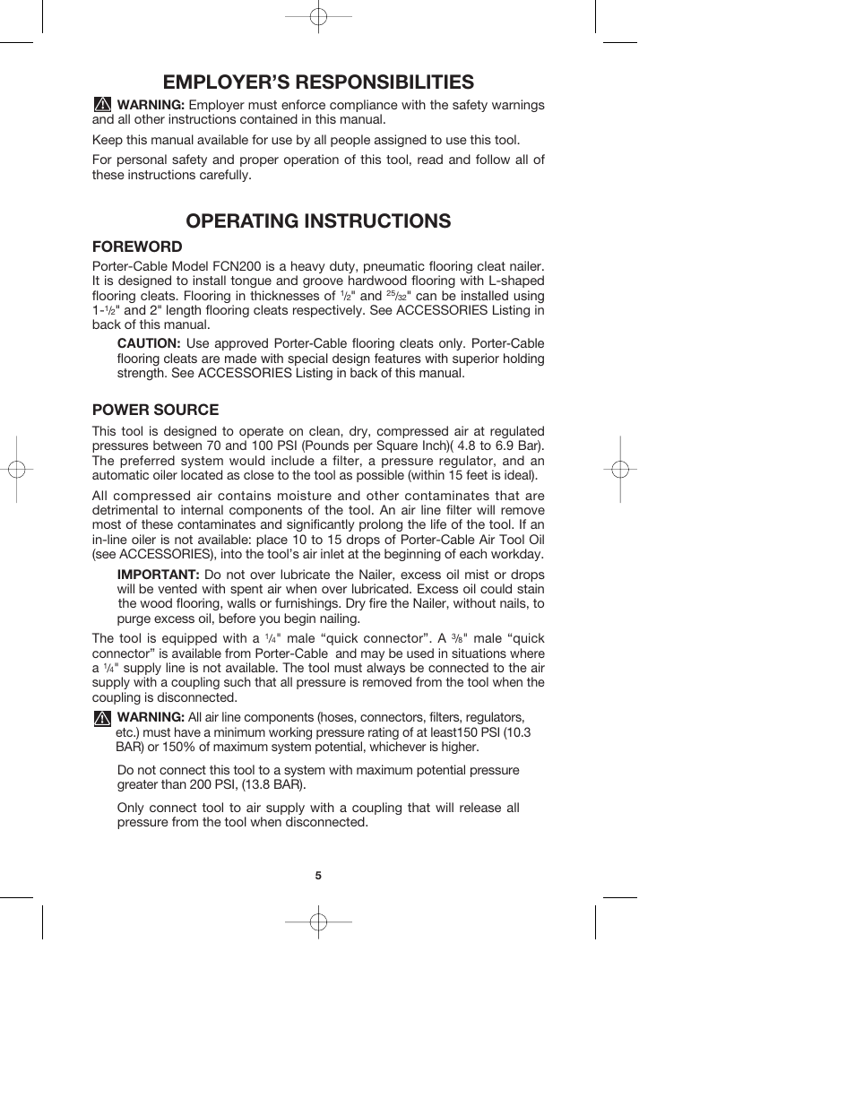 Employer’s responsibilities, Operating instructions, Foreword | Power source | PYLE Audio FCN200 User Manual | Page 5 / 13