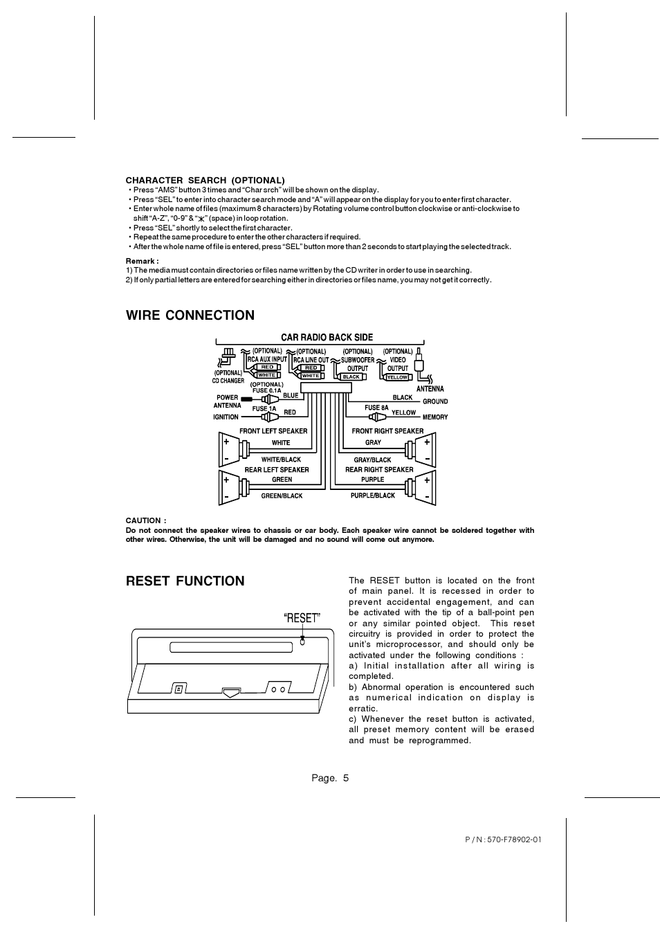 Wire connection, Reset function | PYLE Audio PYLE Plus Series PLCD68MP3 User Manual | Page 5 / 6