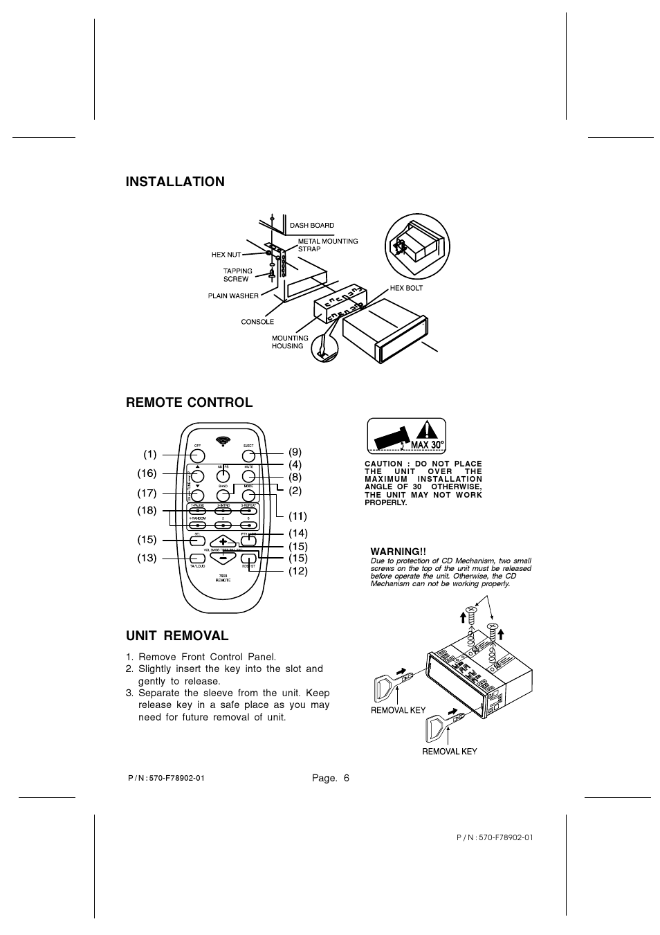 Unit removal, Installation, Remote control | PYLE Audio PYLE Plus Series PLCD68MP3 User Manual | Page 6 / 6