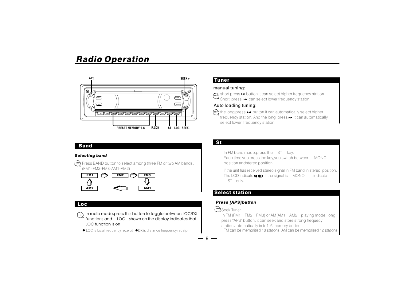 Radio operation, Band, Tuner | Select station, Manual tuning, Auto loading tuning | PYLE Audio PLD182 User Manual | Page 10 / 21