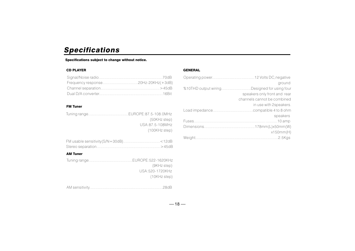Specifications | PYLE Audio PLD182 User Manual | Page 19 / 21