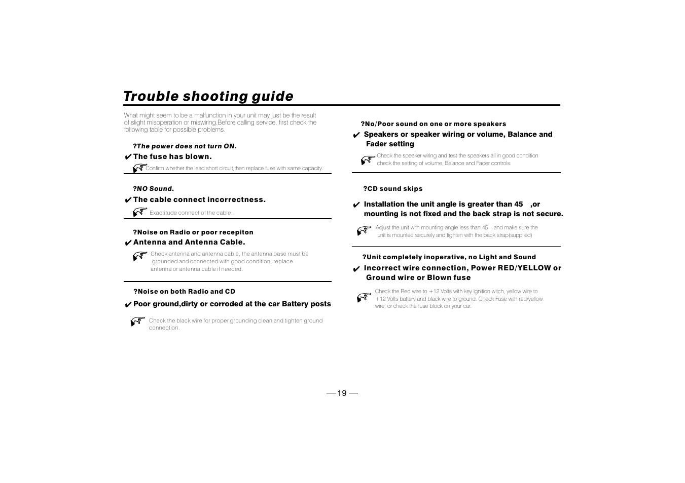 Trouble shooting guide | PYLE Audio PLD182 User Manual | Page 20 / 21