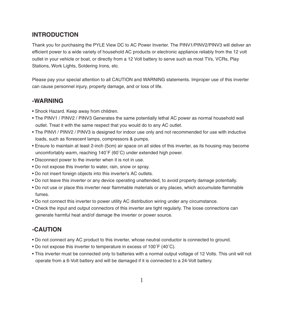 Introduction, Warning, Caution | PYLE Audio PLINV3 User Manual | Page 2 / 9